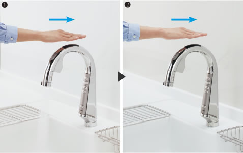 上センサーに手をかざすだけで水の出し止めをコントロール。調理中、手の汚れを気にせず使用できます。