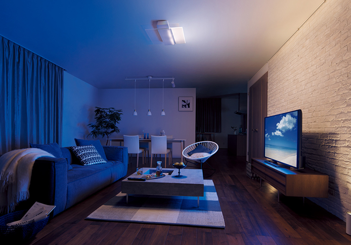 パネル光1枚だけを点灯し、テレビ方向の壁を照らすと画面に集中できる環境に。