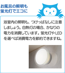 浴室内の照明も、つけっぱなしに注意しましょう。白熱灯の場合、かなりの電力を消費しています。蛍光灯を選べば消費電力を節約できますね。