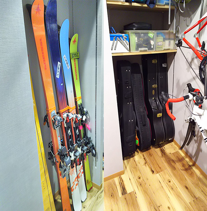 写真：寸法を測ったことでピタリと納まるスキー板とギター