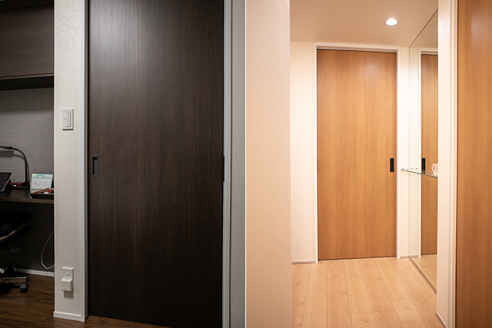写真：左はダークブラウンの引き戸、右は廊下の色に合わせた明るいブラウン引き戸