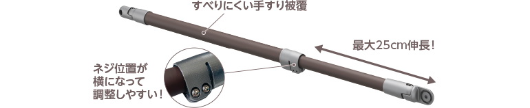 Nネジ位置が横になって調整しやすい ！ すべりにくい手すり被覆 最大25cm伸長 ！