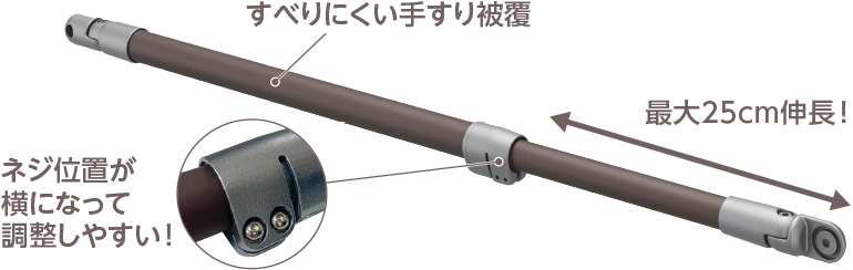 Nネジ位置が横になって調整しやすい ！ すべりにくい手すり被覆 最大25cm伸長 ！