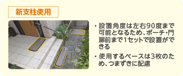 新支柱使用 ・設置角度は左右90度まで可能となるため、ポーチ・門扉前まで1セットで設置ができる
・使用するベースは3枚のため、つまずきに配慮