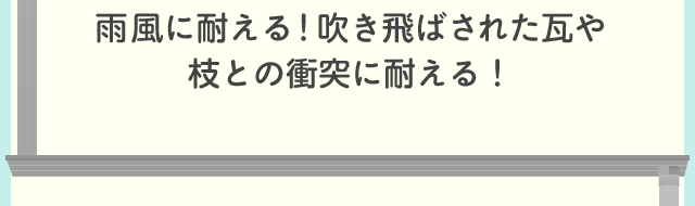 雨風に耐える！吹き飛ばされた瓦や枝との衝突に耐える！