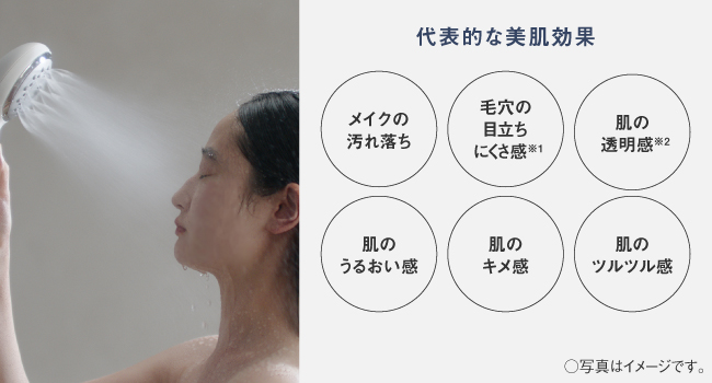 代表的な美肌効果　メイクの汚れ落ち　毛穴の目立ちにくさ感※1　肌の透明度※2　肌のうるおい感　肌のキメ感　肌のツルツル感　〇写真はイメージです。