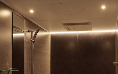 「きらめくあかりと壁際の配光で、バスルーム空間の価値が高まる。