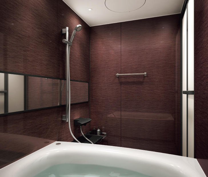 浴槽：グロスホワイト 壁：アイスラックブラウン柄 床：ミディアムグレー サイズ：1316.5サイズ