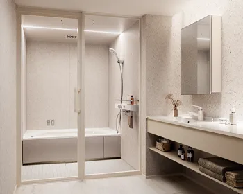 オイルヴェール酸素美泡湯とファインベールの2つの機能を搭載したバスルーム