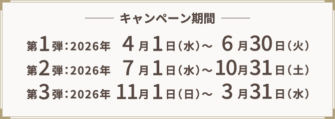 キャンペーン期間　第1弾：2026年4月1日（水）～6月30日（火）／第2弾：2026年7月1日（水）～10月31日（土）／第3弾：2026年11月1日（日）～3月31日（水）