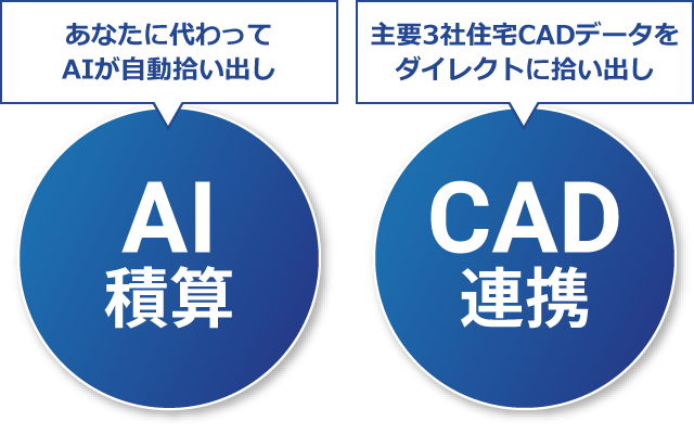 あなたに代わってAIが自動拾い出し「AI積算」／主要3 社住宅CADデータをダイレクトに拾い出し「CAD連携」