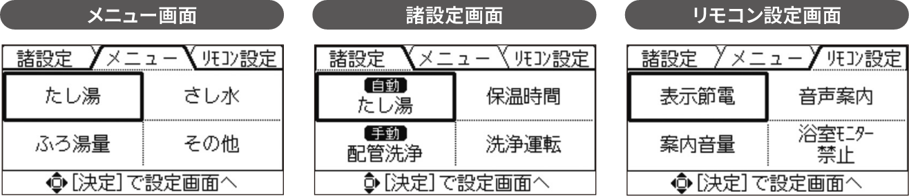 メニュー画面と諸設定画面とリモコン設定画面の画像