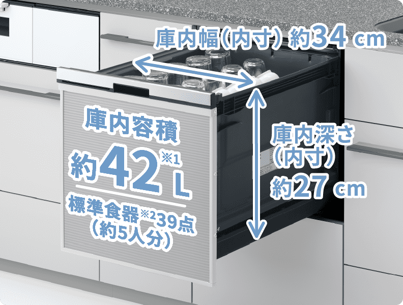 ミドルタイプ（浅型）/・庫内容積　約42 L・標準食器　約39点（約5人分）・庫内幅（内寸） 約34 cm・庫内深さ（内寸） 約27 cm