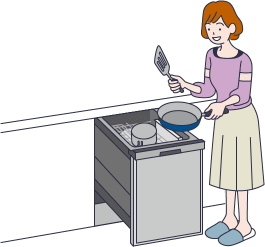 お母さんが調理に使った調理器具を食洗機にセットしている