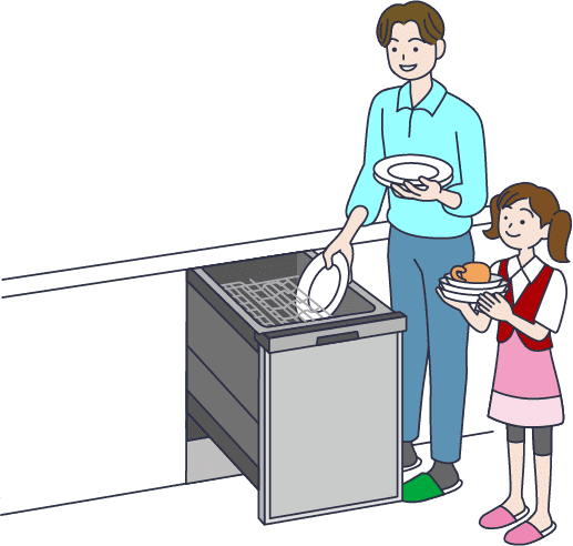お父さんと娘が食べ終わった後の食器を食洗機にセットしている