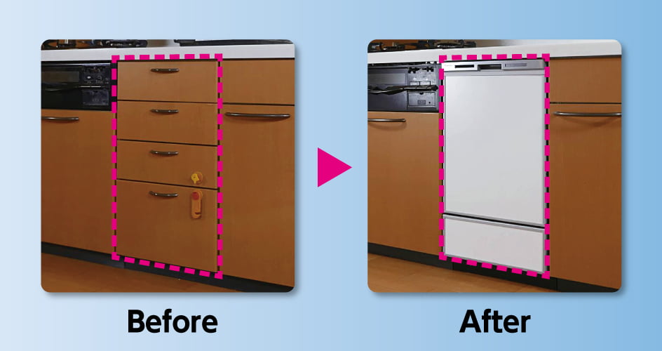 ビルトイン食洗機 後付けイメージ：設置前（Before）と設置後（After）のキッチン比較写真