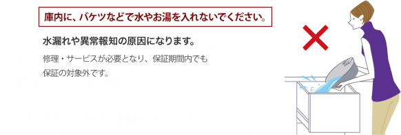 庫内に、バケツなどで水やお湯を入れないでください。水漏れや異常報知の原因になります。修理・サービスが必要となり、保証期間内でも
保証の対象外です。