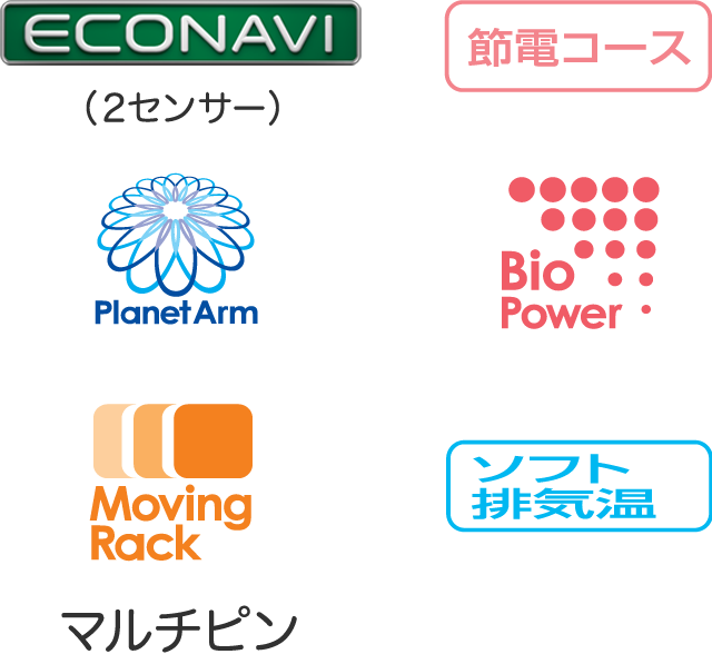 ECONAVI（２センサー）、節電コース、Moving Rack、Planet Arm、Bio Power、ソフト排気温、マルチピン