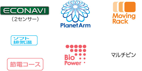 ECONAVI（２センサー）、節電コース、Moving Rack、Planet Arm、Bio Power、ソフト排気温、マルチピン