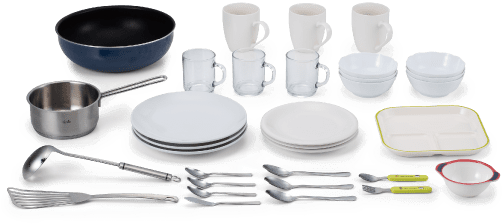 4人家族の朝食、昼食の食器と調理器具