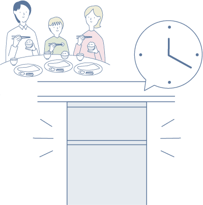 家族で食事中、食洗機で高速洗浄（約20分）をするイメージイラスト