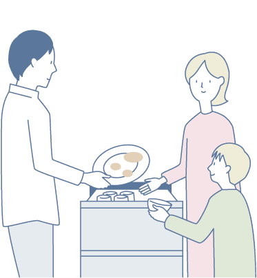 家族が食べ終わった食器を食洗機に入れているイラスト