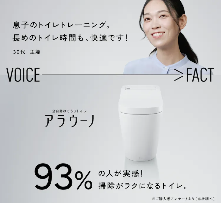 【全自動おそうじトイレ　アラウーノ】VOICE FACT　93％の人が実感！掃除がラクになるトイレ。