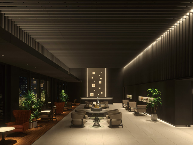 宿泊施設　ホテルロビーCG　エアリライトルーバー事例