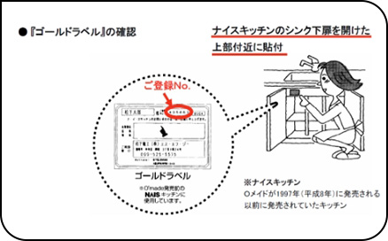 「ゴールドラベル」の確認:ナイスキッチンのシンク下扉を開けた上部付近に貼付 ※ナイスキッチンとは、〇メイドが1997年(平成8年)に発売される以前に発売されていたキッチン