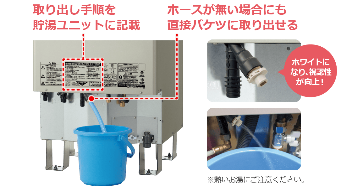 取り出し手順を貯湯ユニットに記載。ホースが無い場合にも直接バケツに取り出せる