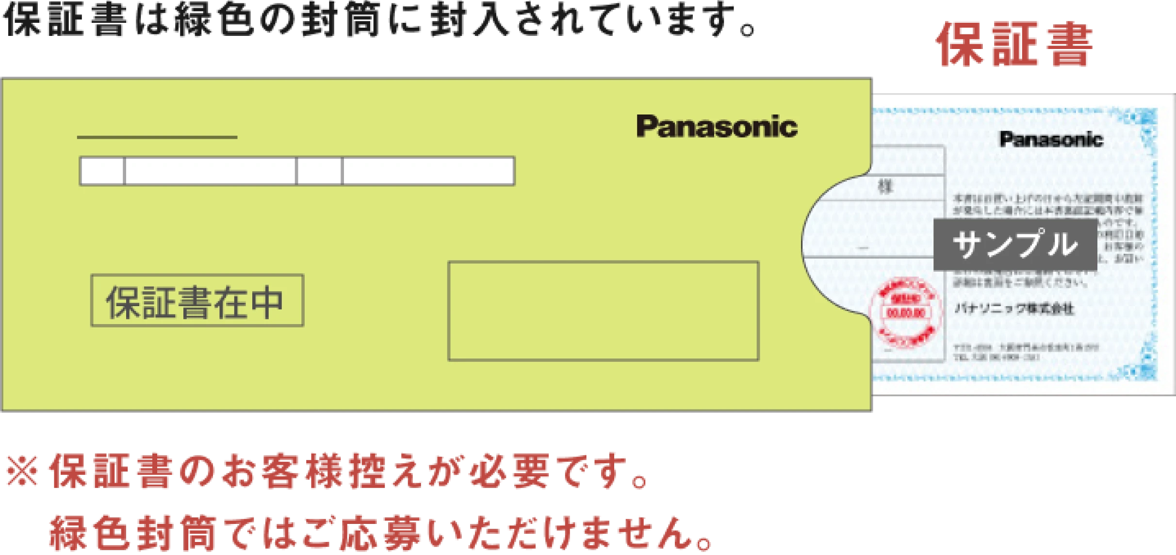 保証書は緑色の封筒に封入されています。 ※保証書のお客様控えが必要です。緑色封筒ではご応募いただけません。
