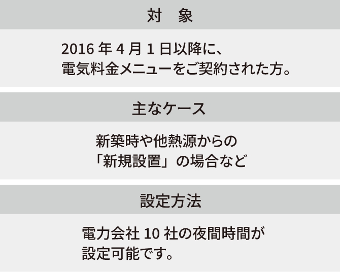 対象：2016年4月1日以降に、電気料金メニューをご契約された方。　主なケース：新築時や他熱源からの「新規設置」の場合など　設定方法：電力会社10社の夜間時間が設定可能です。