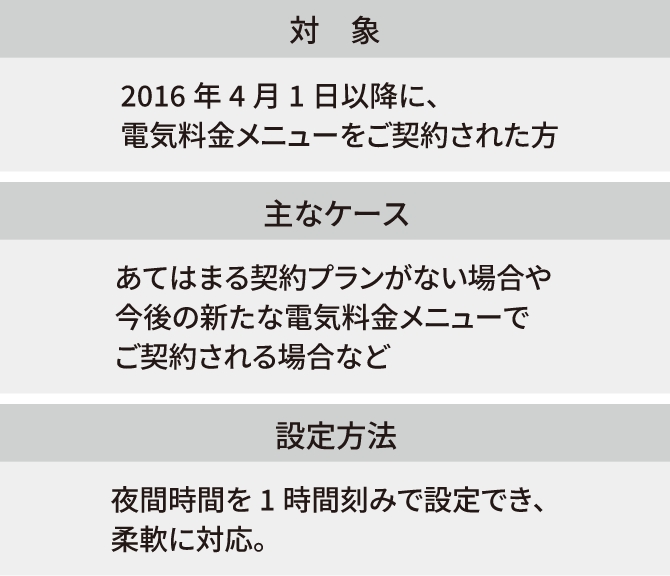 対象：2016年4月1日以降に、電気料金メニューをご契約された方　主なケース：あてはまる契約プランがない場合や今後の新たな電気料金メニューでご契約される場合など　設定方法：夜間時間を1時間刻みで設定でき、柔軟に対応。