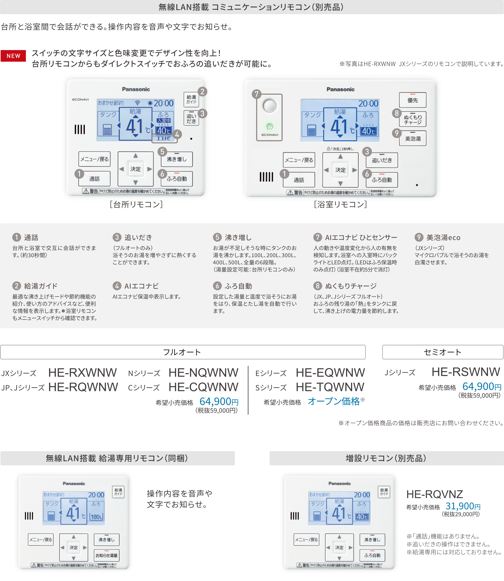 リモコン 台所リモコン・浴室リモコンの機能詳細、品番・価格、別売品