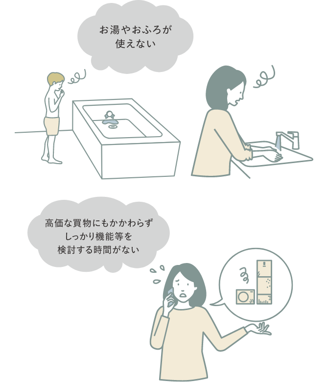 お湯やお風呂が使えない,高価な買い物にもかかわらずしっかり機能等を検討する時間がない