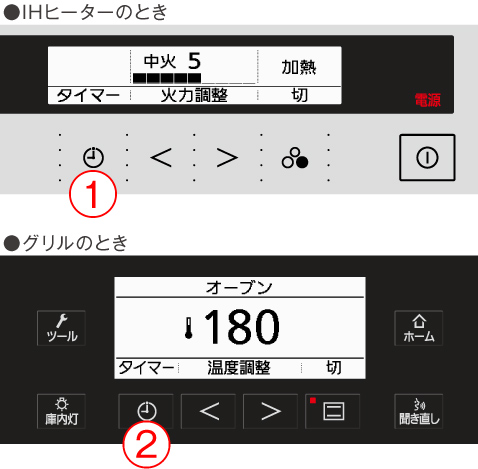 IHヒーターとグリルのカウントタイマーを設定する時のボタン画像