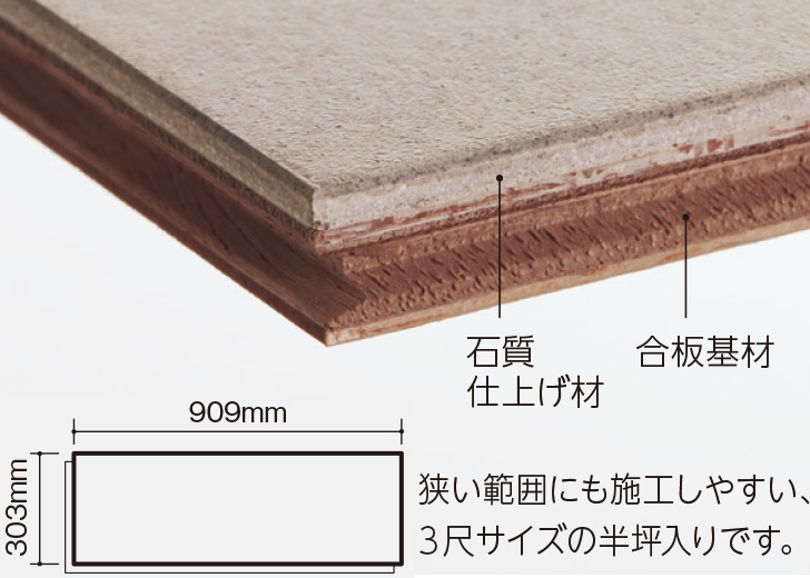 石質素材と木質基材が融合した新しい床材。