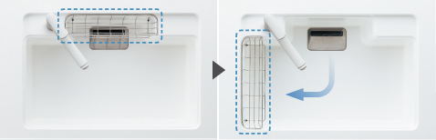 作業に合わせて移動できる洗剤ラック（標準装備）。普段は正面に設置。左右どちらのサイドにも設置できます。