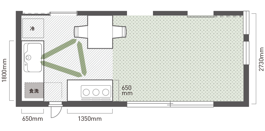 デットスペースになりがちな場所を活用したダイニングキッチンの間取り図