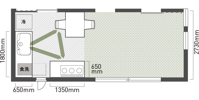 デットスペースになりがちな場所を活用したダイニングキッチンの間取り図