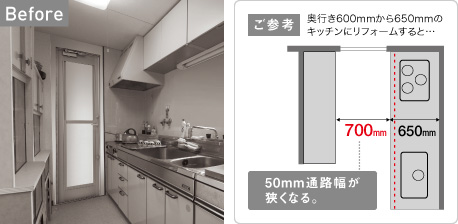 Before／ご参考、奥行き600mmから650mmのキッチンにリフォームすると・・・通路幅が50mm狭くなる。