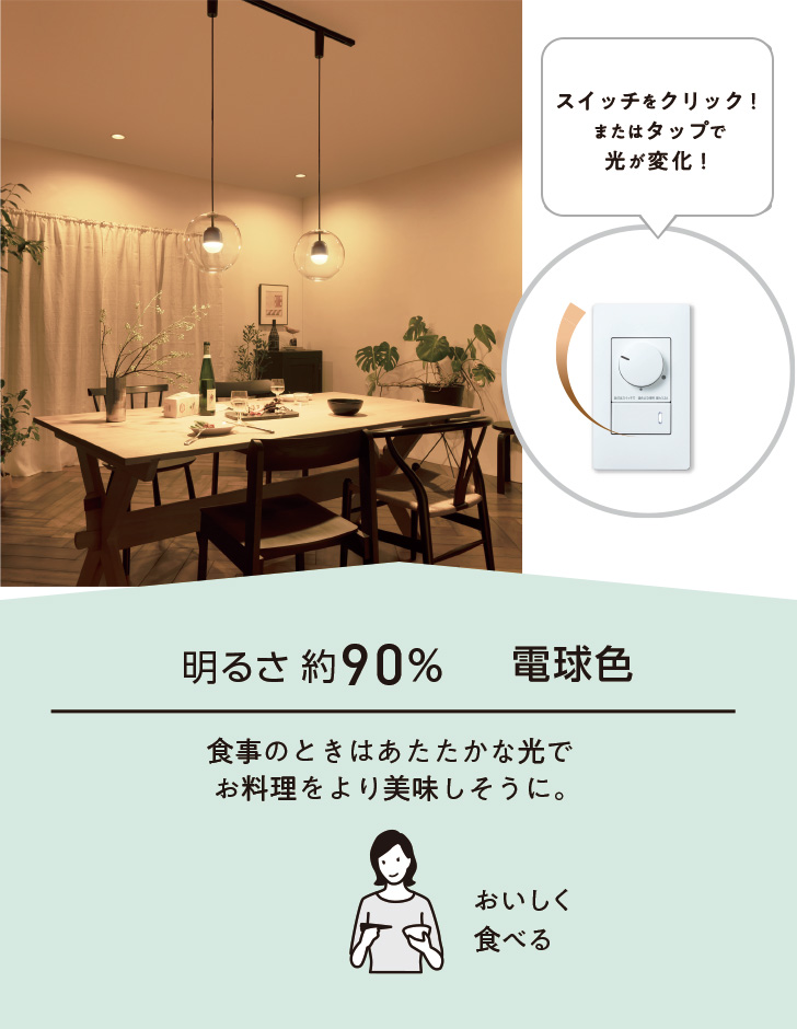 明るさ約90％ 電球色 食事のときはあたたかな光でお料理をより美味しそうに。おいしく食べる