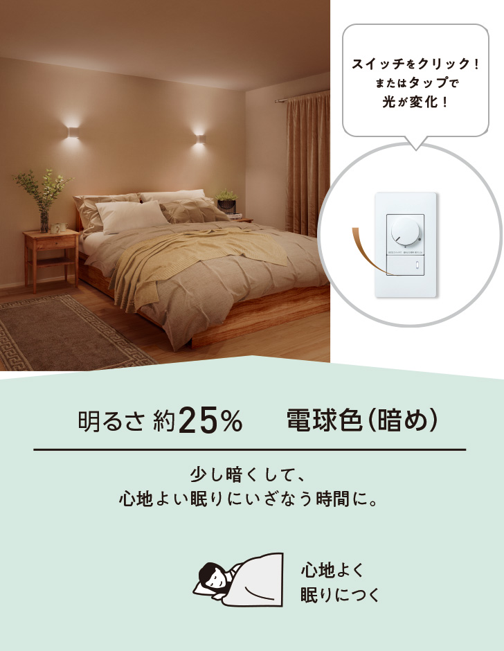 明るさ約25％ 電球色（暗め） 少し暗くして、心地よい眠りにいざなう時間に。 心地よく眠りにつく