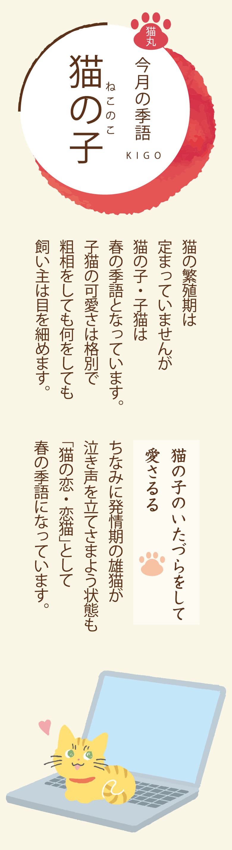 ［今月の季語］猫の子（ねこのこ） 猫の繁殖期は定まっていませんが猫の子・子猫は春の季語となっています。子猫の可愛さは格別で粗相をしても何をしても飼い主は目を細めます。