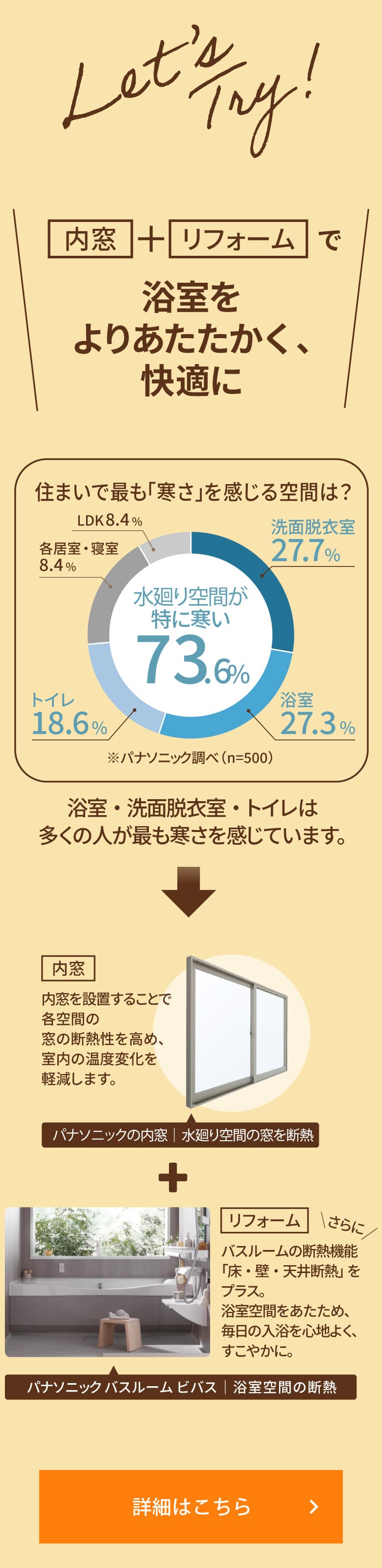 ＼［内窓］＋［リフォーム］で浴室をよりあたたかく、快適に／［内装］パナソニックの内窓｜水廻り空間の窓を断熱、［リフォーム］パナソニック バスルーム ビバス｜浴室空間の断熱