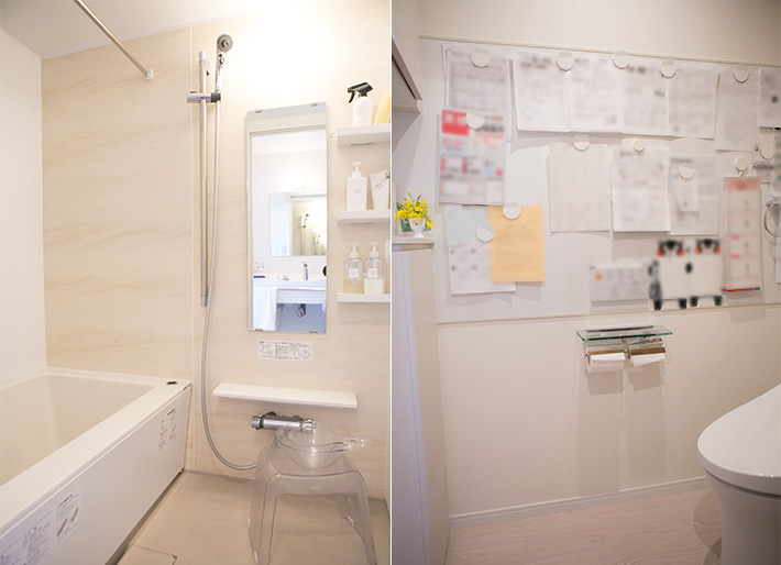 写真：バスルームと、ホワイトボードを設置したトイレの壁