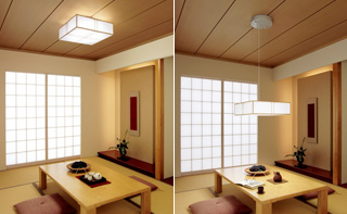 比較写真：リモコン付きの照明がついた和室と手動の照明の和室。