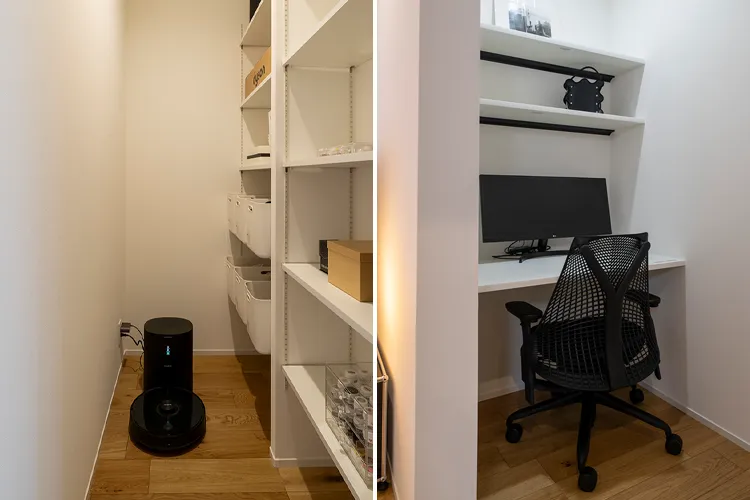 写真:リビングのテレビの裏には収納とワークスペースを設置