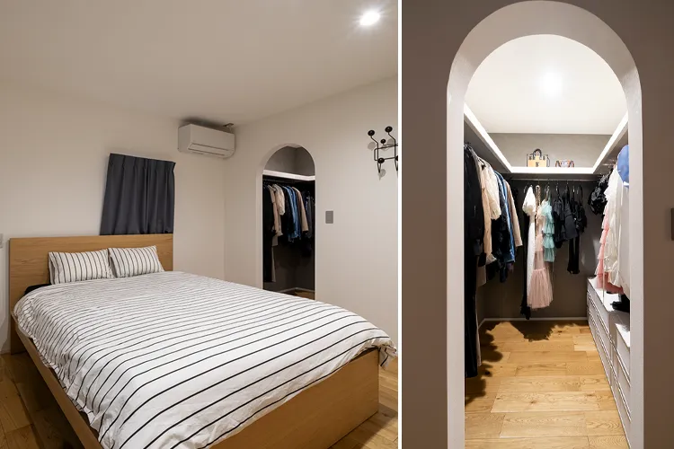 写真:リフォーム後の寝室とウォークインクローゼット