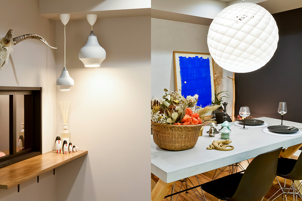 サイズ感や高さ、フォルムで直線的な部屋に動きを加えた照明づかい